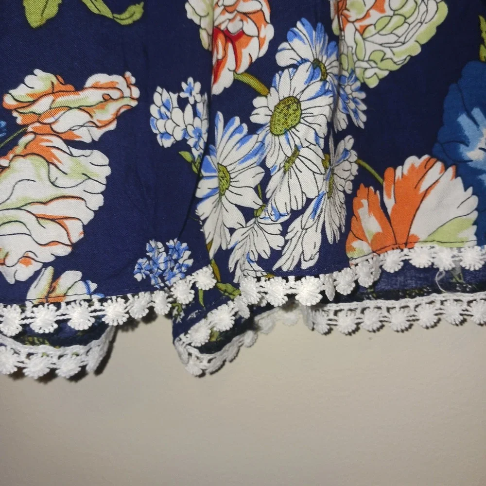 Cottagecore coquette Navy Blue Floral  Shorts Crochet Lace Trim S/M